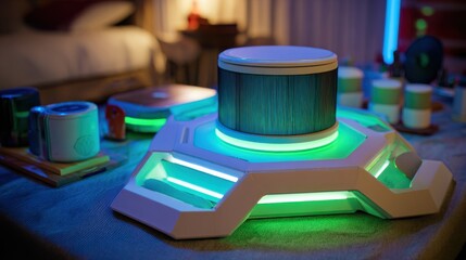 A detailed medium shot of a futuristic wireless charging dock energizing a pager focusing on intuitive design and ease of use in a hightech setting.