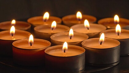 Warm candlelight glows in darkness, creating a peaceful, calming ambiance. Multiple tealight candles flicker gently, symbolizing hope, comfort, and tranquility.
