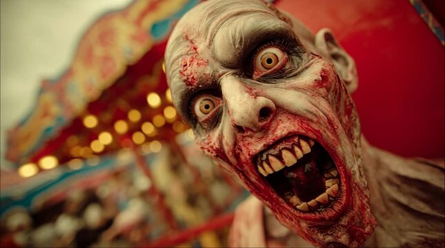 A terrifying close-up of a zombie with bloodied face and open mouth at a carnival.