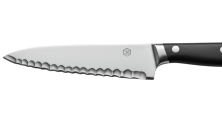 A premium steak knife with a serrated steel blade and a matte black handle isolated on a transparent background. Concept of luxury cutlery and fine dining