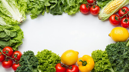 Fresh lettuce kale corn cucumber tomato lemon yellow bell pepper food border with copy space on white background