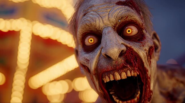 A terrifying zombie with glowing eyes and bloody face lunges forward with mouth open in a night setting with blurred carnival lights in the background.