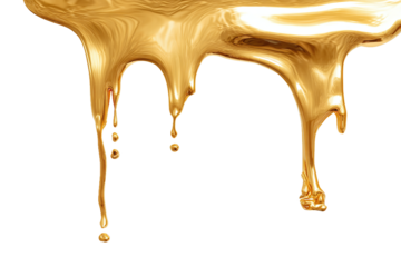 Golden liquid dripping isolated on transparent background, shiny and smooth