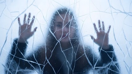Person behind cracked ice or frosted glass, soft blue and white tones, ethereal cold atmosphere, blurred silhouette, textured ice, dreamy and mysterious fine art aesthetic