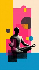 Inner Harmony: A silhouetted figure in deep meditation, set against a vibrant backdrop of geometric shapes, finding inner peace. A visual poem on mental wellness and a celebration of mindfulness.