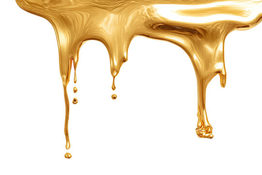 Golden liquid dripping isolated on transparent background, shiny and smooth