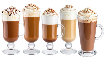 Five glasses of layered, foamy drinks with different shades of brown stand together against a dark background