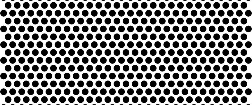 Black circular dots on white background. Mosaic holey print. Perforated metal texture. Peg board, radiator or speaker grill surface with repeated round holes. Vector graphic illustration.