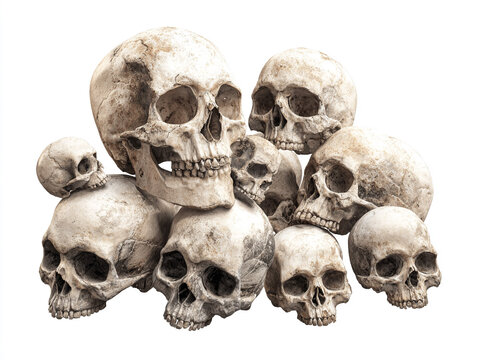 Multiple skulls scattered at different angles, isolated on white, 43
