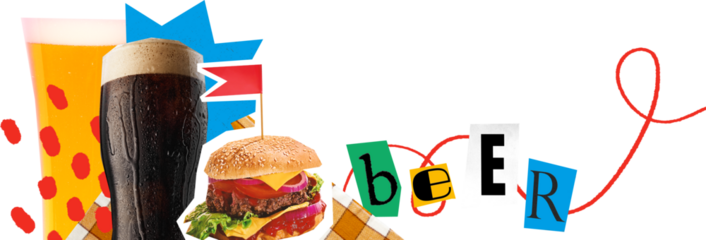 Vibrant mixed media artwork of beer glasses, burger and snacks on transparent background. Concept of food combo advertising, bar menu promo, casual dining marketing and digital ads layouts. Banner