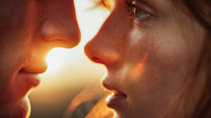 Obraz premium Intimate moment between a couple showing close facial profiles illuminated by warm golden hour sunlight highlighting tender emotions and connection