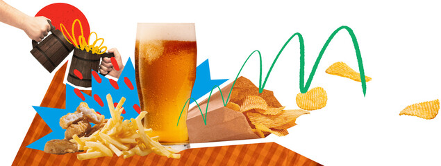 Energetic mixed media artwork of beer mug snacks and motion elements on transparent background....