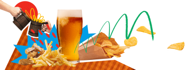 Energetic mixed media artwork of beer mug snacks and motion elements on transparent background. Concept of dynamic bar ads, promo posters, event visuals and food beverage marketing use. Banner