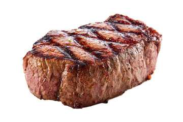 Grilled beef steak isolated on transparent background, ready to be served