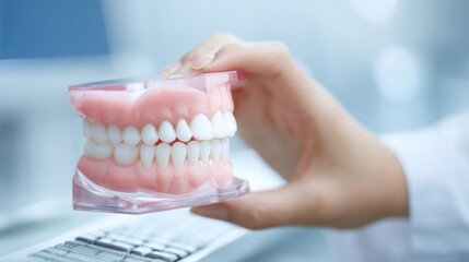 A hand is holding a dental model showcasing a set of human teeth and gums. This scene takes place in a modern dental clinic filled with bright lights and useful tools