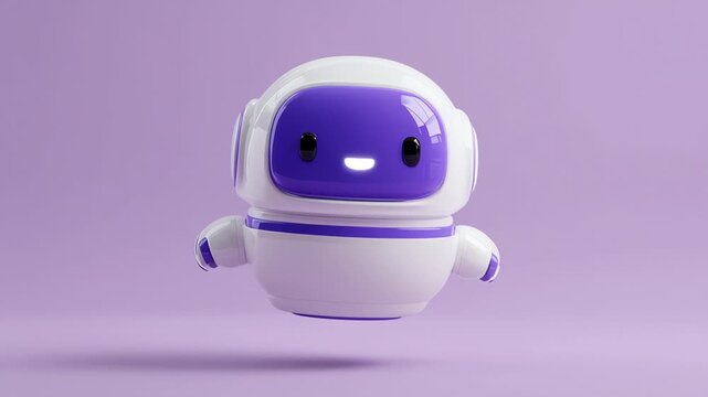 A cute robot with smiling face and purple visor, white body friendly character floating pose, minimal design 3d render and pastel background, cute robot purple white glossy minimal cartoon mascot