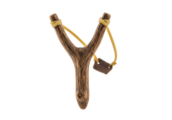 A vintage artisanal wooden slingshot with leather pouch floating isolated on a transparent background in a macro close-up shot. Concept of simple craftsmanship