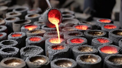 Medium shot showing the detailed process of pouring molten metal into green sand molds illustrating ecoconscious casting methods in a smallscale metal workshop.