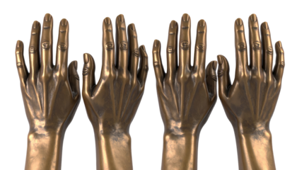 Four bronze hands raised upwards, viewed close-up against a black background. Sculptural and metallic