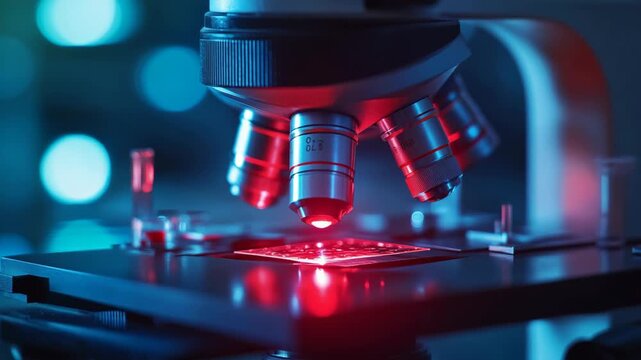 A skilled scientist is using microscope in his lab to research biology and biotechnology, crucial for global health advancements and contributing to better medical outcomes and innovative technologies