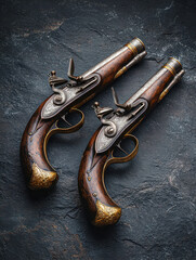 Pair of antique ornate flintlock pistols with intricate metal engravings and wooden handles displayed on dark textured stone surface background
