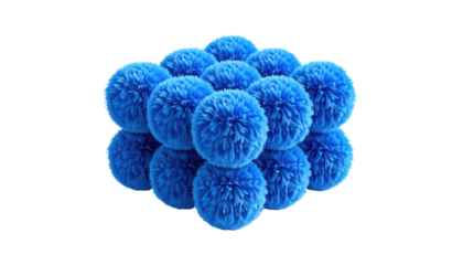 Blue pom-poms stacked in a square. Soft texture. Cute and whimsical. Isolated on black background