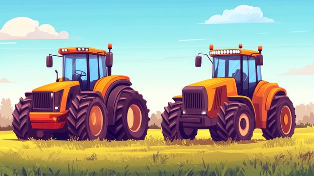 Two orange tractors in a field.