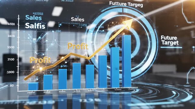 Urban business growth concept featuring a financial graph and data chart on a world screen over a technology cityscape vector illustration