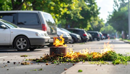 Street fire of burning garden refuse next to parked cars on a busy city street on a sunny day