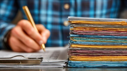 Hand writing on paper with pen, pile of colorful documents in view. Blurred background