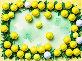 Frame mockup with a lot of yellow golf balls. Watercolor painting. Copy space.