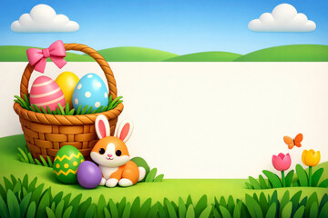Easter Bunny with Colorful Eggs in Basket