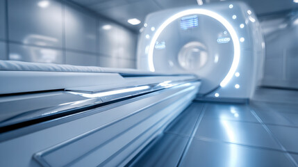 Modern magnetic resonance imaging machine with illuminated circular scanner and patient table in a clean, high-tech medical facility setting