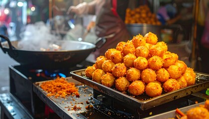 Street food scene with a pile of fried dough balls, a wok, a chef & street side table under blurry lights