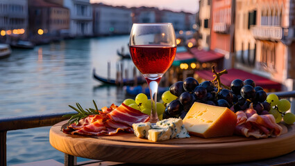  Luxury wine and charcuterie on a Venetian canal terrace at sunset