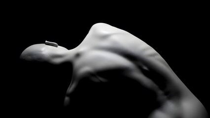 Black and white study of human back, arched to reveal spine detail, museum-style spotlight, deep shadows, smooth skin texture, minimalist fine art, polished marble aesthetic