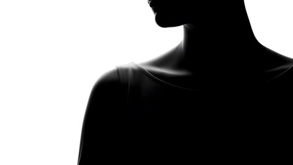 Silhouette of Female against white background, abstract shape emphasizing shoulder and jawline curves, high-contrast minimalist fine art, modern artistic portrait