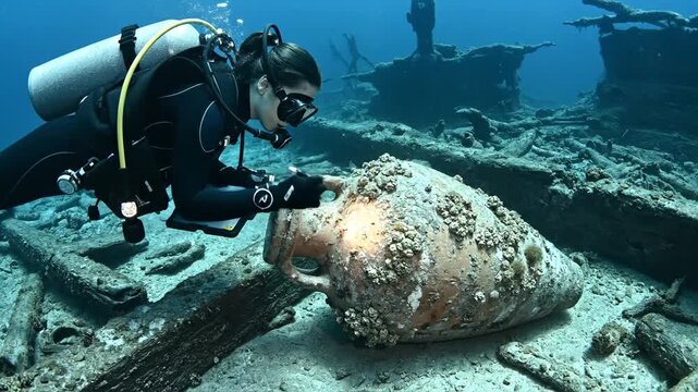 Underwater Archaeologist Explores Ancient Amphora on Sunken Shipwreck Site Detailed Ancient Artifact Discovery by Diver in Blue Ocean Depths