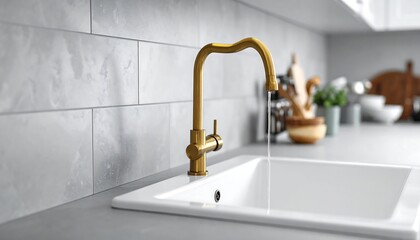 Stream of water flows from golden faucet into a white sink in a kitchen with gray backsplash in soft focus