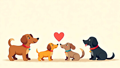 Cute dogs and heart. Mockup for Valentine's Day greeting cards. Copy space.