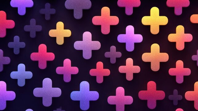 A dark background hosts a vibrant, repeating pattern of textured, colorful plus signs