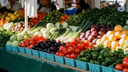 A vibrant display of fresh vegetables and fruits at a bustling marketplace