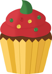 Festive Chocolate Cupcake with Red Frosting and Christmas Decorations.