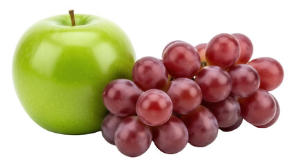 Fresh green apple and red grapes PNG isolated on transparent background, healthy fruit snack for diet and nutrition