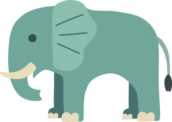 Minimalist teal green elephant character design for children. Cute cartoon elephant illustration with tusks on white background.