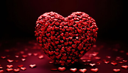 Big heart with variety of small red hearts of different sizes on dark  background. Valentine day concept for design. Symbol of love. Close-up.