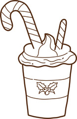 Christmas Hot Chocolate Cup with Candy Cane and Whipped Cream Line Art.