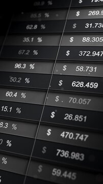 Looping 3D render of dark financial spreadsheet interface showing market quotes, dollar values, percent change and trend icons. Abstract trading analytics backdrop for economy and fintech.