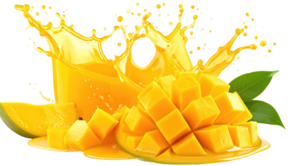 Ripe mango pieces sit next to a splashy glass of juice, with green leaves as accents. Bright, cheerful, and appetizing