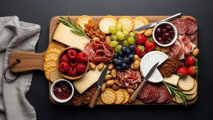 Gourmet Charcuterie Board with Cheese, Fruits, Meats, and Nuts on Wooden Tray
